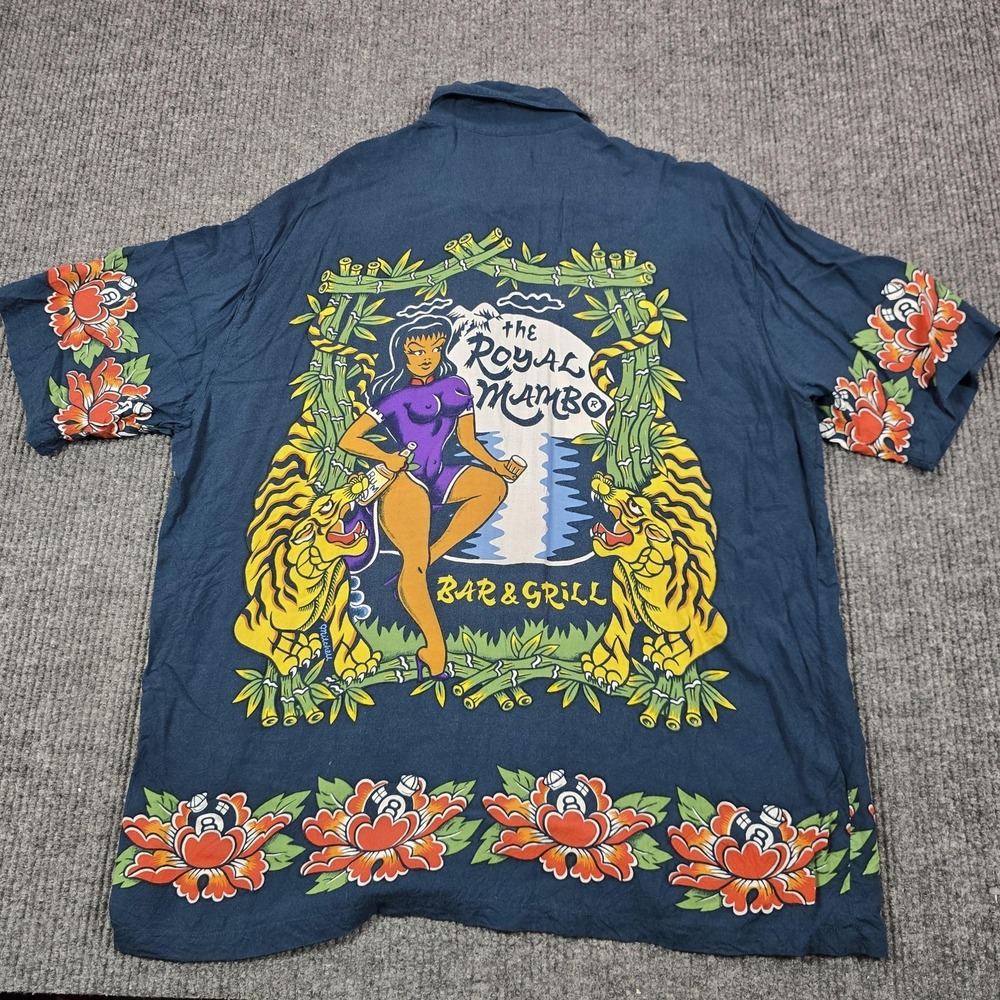 Vintage Mambo Loud Shirt Mens Large Blue Royal Mambo Bar Grill Hawaiian Tiki 90s
